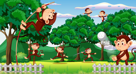 Wall Mural - Forest scene with funny monkeys cartoon