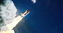 Spaceship Takes Off Into The Starry Sky. Launch Of Space . Elements Of This Image Furnished By NASA