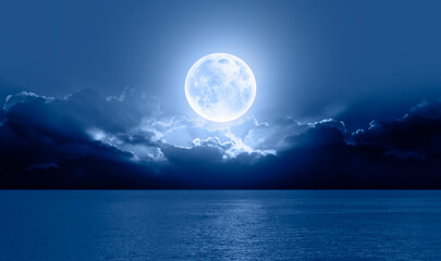 Poster - Night sky with full bright moon in the clouds 