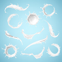 Big set of milk splashes isolated on blue background. Vector illustration