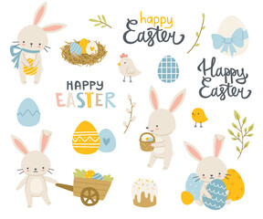 Wall Mural - easter rabbits with eggs an calligraphy cartoon set. easter decoration bundle with bunny, plants, le