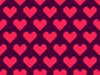 pixel art hearts seamless pattern. 8-bit red hearts. retro 8-bit video game. design for print, wrapp