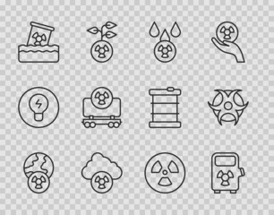 Sticker - Set line Planet earth and radiation, Electric car charging station, Acid rain radioactive cloud, Radioactive waste barrel, cargo train, and Biohazard symbol icon. Vector