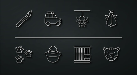 Poster - Set line Machete, Paw print, Mosquito, Animal cage, Camping hat, Car, Tiger head and Spider icon. Vector