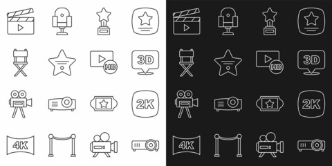 Sticker - Set line Movie, film, media projector, 2k Ultra HD, 3D word, trophy, Walk of fame star, Director movie chair, clapper and Hd movie, tape, frame icon. Vector