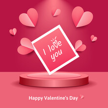 Red, Pink Flying Hearts Isolated On 3d Realistic Background. Paper Cut Decorations For Valentine's Day Vector Border, Frame, Photo Design. Text: I Love You! Happy St. Valentines Day. Anniversary Card.
