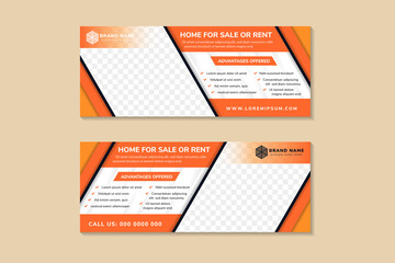 Poster - set of Horizontal Banner for home for sale or rent, creative concept for advertising, template for posting photos and text. Modern white background with orange multicolored element.