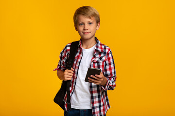 Serious calm cute caucasian young boy student with backpack typing on smartphone