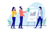Meeting presentation - Small group of people having a discussion over graphs and charts. Small business concept, flat design vector illustration