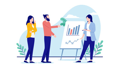 Aufkleber - Meeting presentation - Small group of people having a discussion over graphs and charts. Small business concept, flat design vector illustration