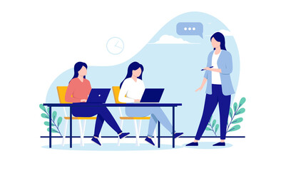 Aufkleber - Woman teaching women - Teacher running a course for clients. Business training concept. Flat design vector illustration with white background