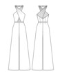 Fashion technical drawing of halter jumpsuit with flared pants
