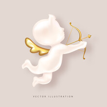 Realistic Cupid With Golden Wings.3d Object For Romantic Design. Decor For Valentine's Day, Wedding. Vector Illustration