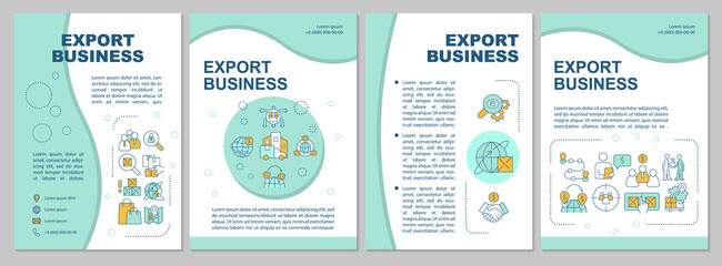 Export business mint brochure template. International sales. Leaflet design with linear icons. 4 vector layouts for presentation, annual reports. Arial-Black, Myriad Pro-Regular fonts used