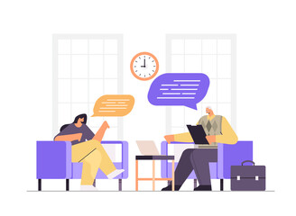 Poster - businesspeople couple with chat bubbles discussing during business meeting communication relationshi