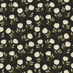 Seamless pattern of blooming white roses. Concept of botanical, flowers, gardening, spring. Hand-drawn vector colorful illustration isolated on black background.