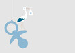 Storch Mit Baby Junge Auf Großem Hängendem Schnuller Grau Retroblau
