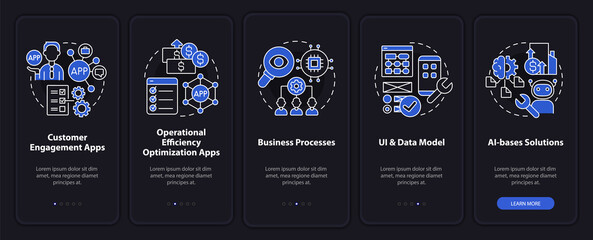 Apps created with low code night mode onboarding mobile app screen. Web walkthrough 5 steps graphic instructions pages with linear concepts. UI, UX, GUI template. Myriad Pro-Bold, Regular fonts used