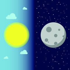 Wall Mural - moon in the night sky. sun in the daytime sky. moon and sun side by side. vector illustration, eps 10.