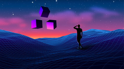 Sticker - Sci-fi scene with traveller watching the sacred monument of cubes. Vaporwave aesthetics or 80s style fantasy background with abstract esotheric mood