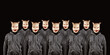 Group of anonymous persons wearing pig masks. Mysterious criminal,social media haters, internet activities concept. Copy space. Black background.