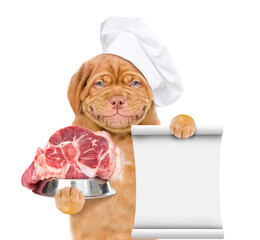 Poster - Smiling puppy in chef's hat holding bowl of raw meat. isolated on white background
