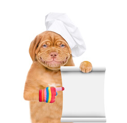 Poster - Happy mastiff puppy wearing chef's hat points on empty list. isolated on white background