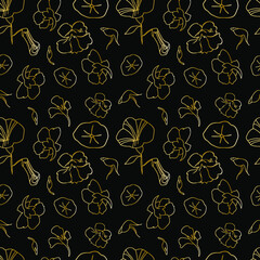 Vector seamless pattern with gold wildflowers on black background in doodle.Textural,botanical,summer print in hand dr style.Design for fabric, wrapping paper ,packaging, textiles, wallpaper.