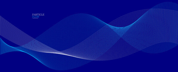 Wall Mural - Blue dots in motion dark vector abstract background, particles array wavy flow, curve lines of points in movement, technology and science illustration.