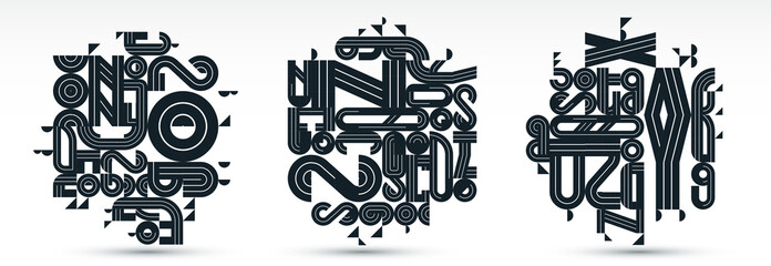 Poster - Abstract modern vector trendy designs set, geometric shapes stylish compositions, black and white modular pattern artistic illustrations, typography letters elements used.