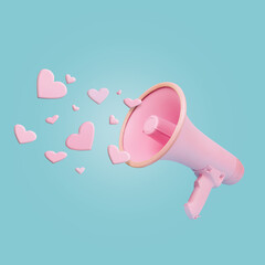 Wall Mural - Pink hearts coming out of megaphone speaker on pastel blue background. Minimal Valentines Day, wedding or Mother's day concept. Creative love romantic emotion composition. Love message.