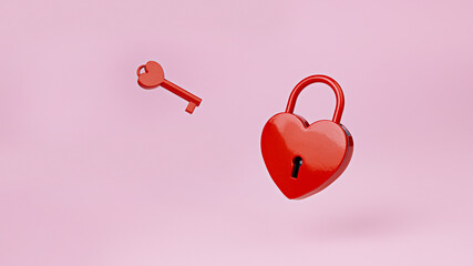 Wall Mural - Heart-shaped padlock with red flying key on pastel pink background. Minimal Valentines Day, wedding or Mother's day concept. Creative love romantic emotion composition. Love message for couples.