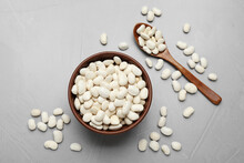 Raw White Beans On Light Grey Table, Flat Lay