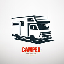 Camper Van Stylized Symbol Of Journey Truck, Design Elements For Emblem Template
