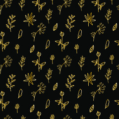 Vector seamless pattern with gold wildflowers on black background in doodle.Textural,botanical,summer print in hand dr style.Design for fabric, wrapping paper ,packaging, textiles, wallpaper.