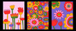 vintage vector interior posters in hippie style.70s and 60s funky and groovy postcards.Psychedelic patterns with flowers shapes.Vibrant pattern for wallpaper and back.Low contrast.Set of retro placard