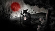 Ink landscape with a red sun and a dying samurai kneeling under a tree with katana and magic flower in his hand. Graphic illustration with a Japanese warrior pierced with arrows in the steppe.