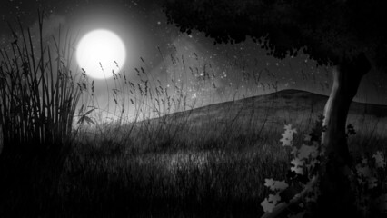 A night landscape with a large bright moon and a lonely tree standing in a field. Monochrome illustration with tall grass and bushes growing in the steppe against the background of a lonely mountain.