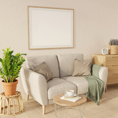 Poster - Living room interior with sofa, plant, coffee table and sideboard. Picture mock up on the wall. 3D render. 3D illustration.