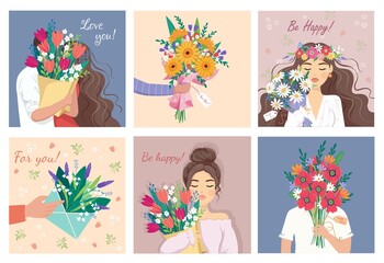 Big Set of Beauty, gift, love hug concept. Young woman girl cartoon hiding behind the bouquet of flowers chamomile on blue and pink background. womens day present illustration. March 8 Valentine's Day