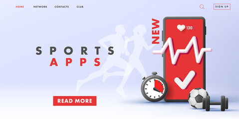 Fitness mobile application web banner with 3d smartphone illustration and heart rate, timeclock and football ball with dumbbell icons and running people