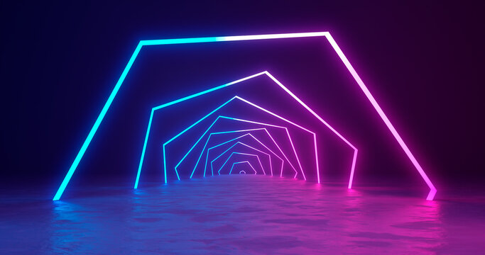 3d rendering. A marble corridor with columns receding into the distance with neon lights flanked by blue and pink light.