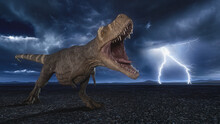 Tyrannosaurus Rex Dinosaur Roars In A Barren Desert Landscape At Night With Lightning Storm In The Background. 3D Rendering.