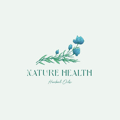 Wall Mural - Nature Health Herbal Oils Abstract Vector Sign, Symbol, Logo Template. Hand Drawn Colorful Flower Branch Illustration with Classy Typography. Botanical Care Cosmetics Emblem Isolated