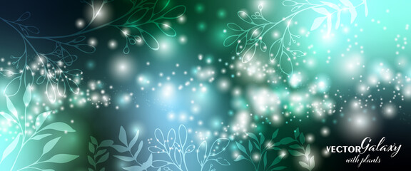 Wall Mural - magical color galaxy with plants decor. realistic nebula and lots of shining stars. infinite univers