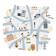 city or village with roads, streets and cars. cartoon map kids nursery poster print isolated on whit