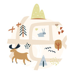 animals in nature and mountain river. cartoon map kids nursery poster print isolated on white backgr