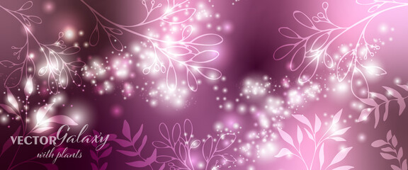 Wall Mural - magical color galaxy with plants decor. realistic nebula and lots of shining stars. infinite univers