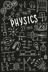 Wall Mural - Phisics cover template. Science symbols icon set, subject doodle design. Education and study concept. Back to school sketchy background for notebook, not pad, sketchbook. Hand drawn illustration.