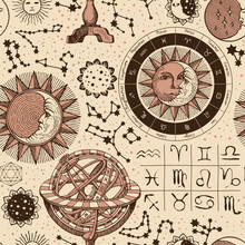 Seamless Pattern On The Theme Of Horoscopes And Zodiacs In Vintage Style. Hand-drawn Vector Background With Sun, Moon, Stars, Constellations And Astrological Signs On An Old Paper Backdrop